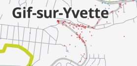 Route de Belleville. Chaque point rouge correspond à un endroit dangereux signalé par une personne ayant répondu au Baromètre des villes cyclables