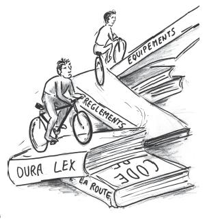 Dessin de cyclistes franchissant d'énormes textes légaux