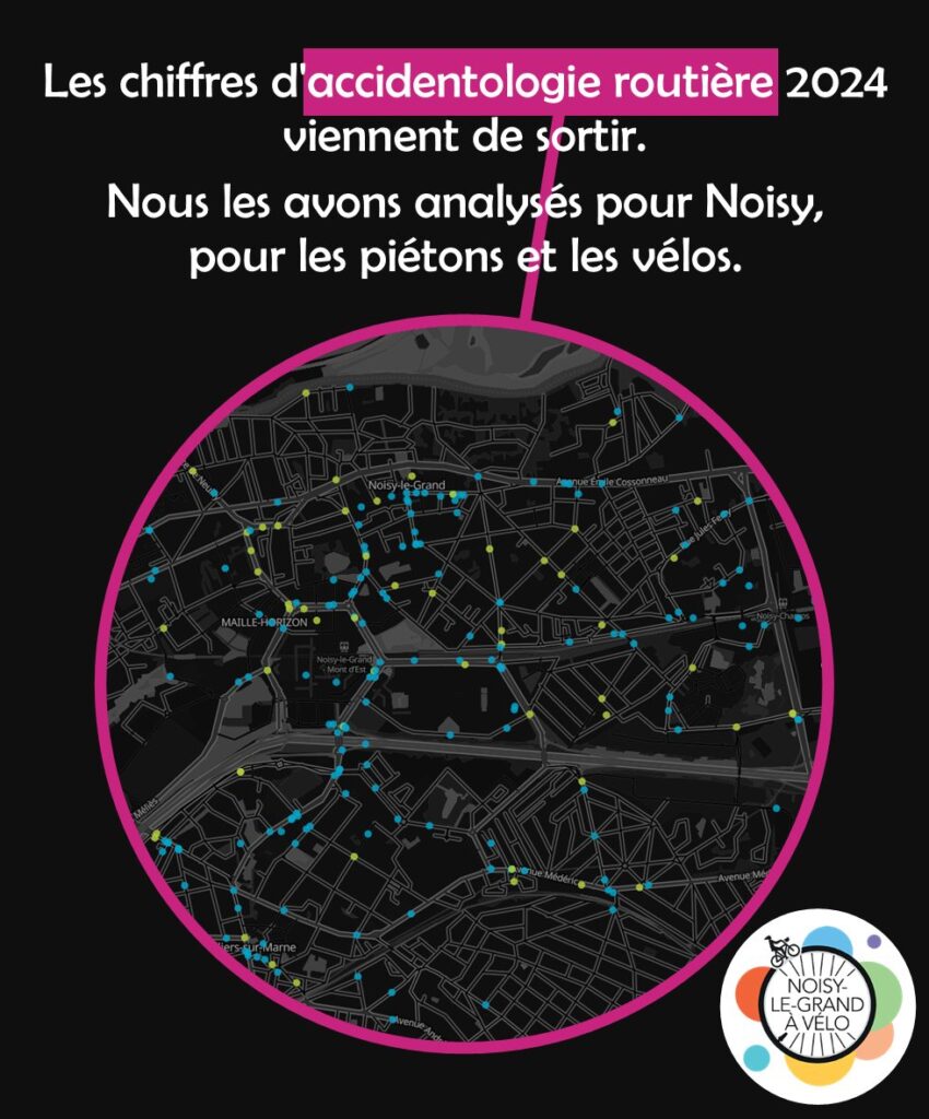Extrait de la carte de Noisy le Grand avec des points de couleurs pour chaque accident recensé impliquant un piéton ou un cycliste