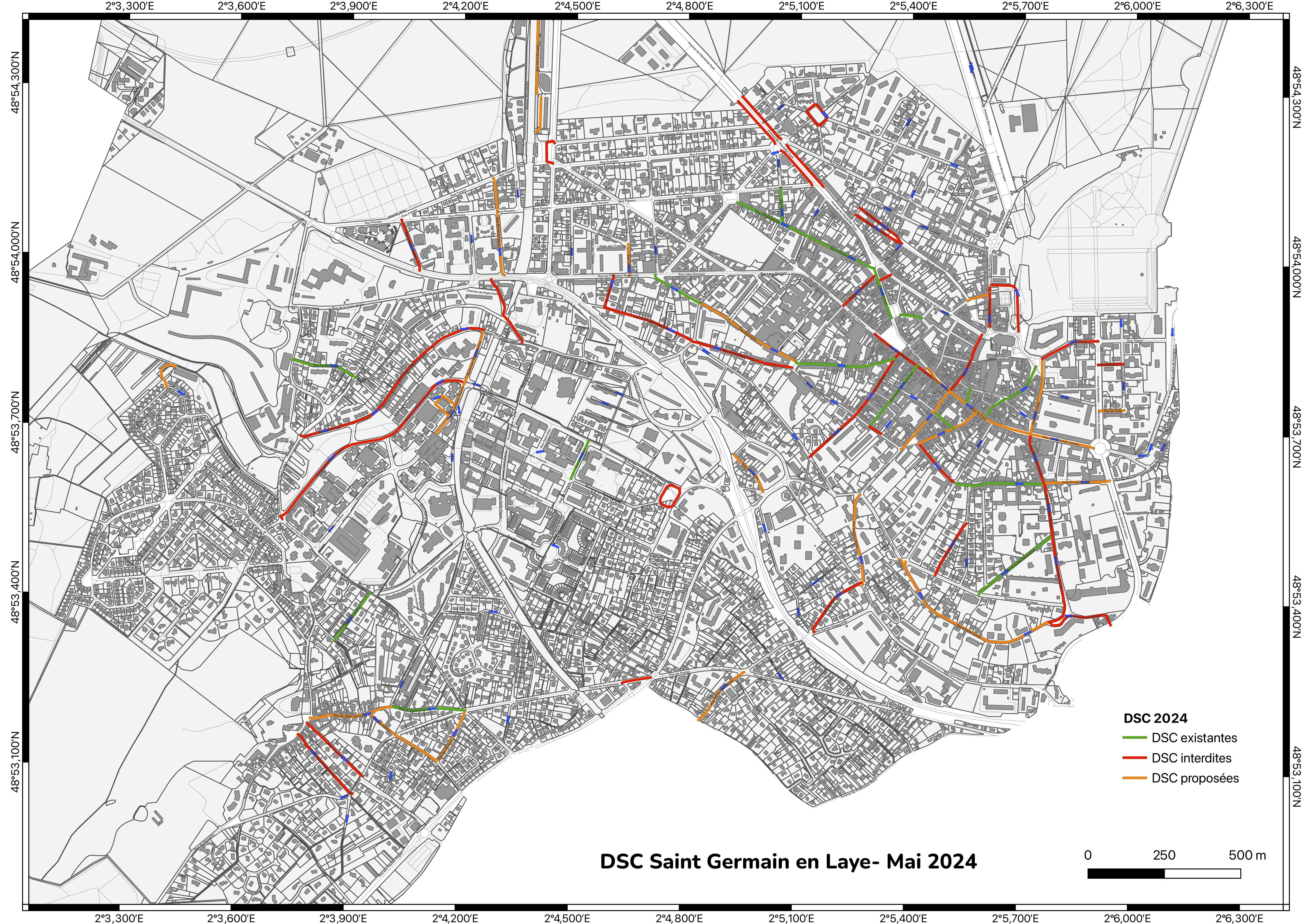 carte des double-sens cyclables interdits (en rouge), autorisés (en vert) et interdits mais que nous demandons à voir autorisés (en orange)