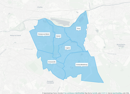 Image : positionnement du Val Maubuée sur une carte. A l'Est de l'Île-de-France, il contient les communes de Champs-sur-Marne, Noisiel, Lognes, Torcy, Émerainville et Croissy-Beaubourg
