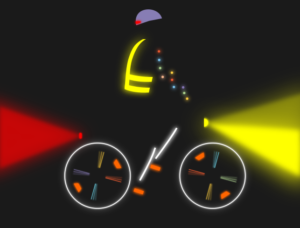 Silhouette lumineuse d'un cycliste dans la nuit. On distingue l'éclairage de ses feux et des différents réflecteurs installés sur la bicyclette et sur le cycliste lui-même, notamment des réflecteurs de roue et un gilet réfléchissant